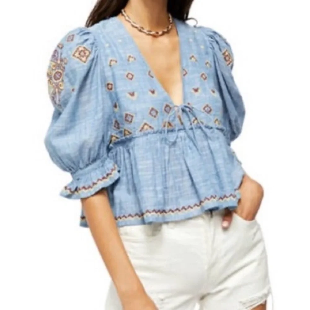 Free People Tallulah Embroidered Blouse crop y2k boho hippie festival western - Picture 2 of 12